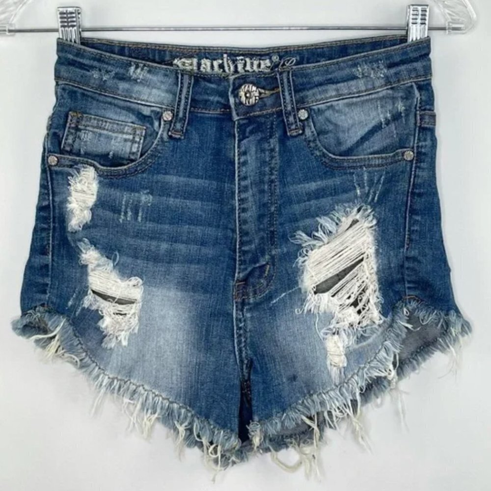 Machine Denim Medium Blue Distressed High Waist Shorts Sz S